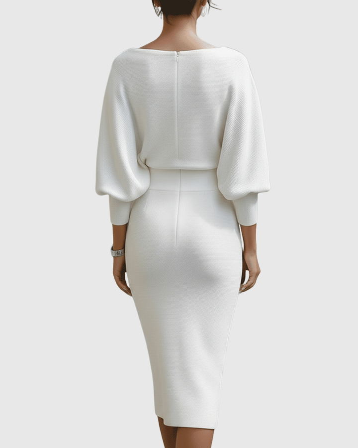 Ismeria | Robe Midi Drapée à Manches Chauve-Souris Blanche