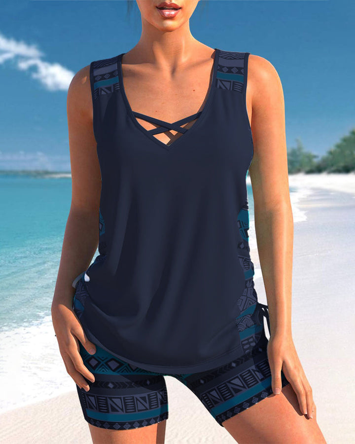 Tankinis avec motif géométrique et décolleté en V