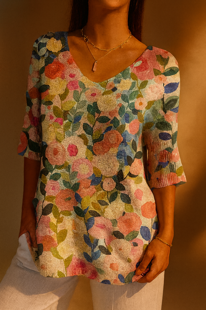 Pull en Tricot à Motif Floral Coloré pour Femmes