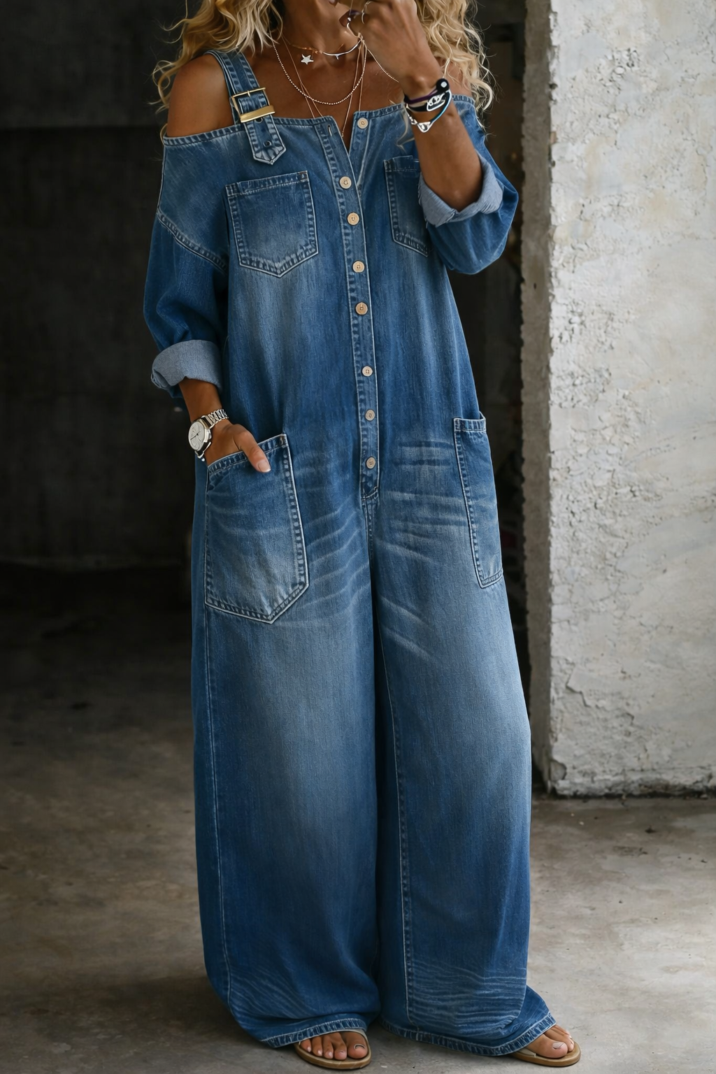 Sophia | Combinaison en denim à épaules dénudées