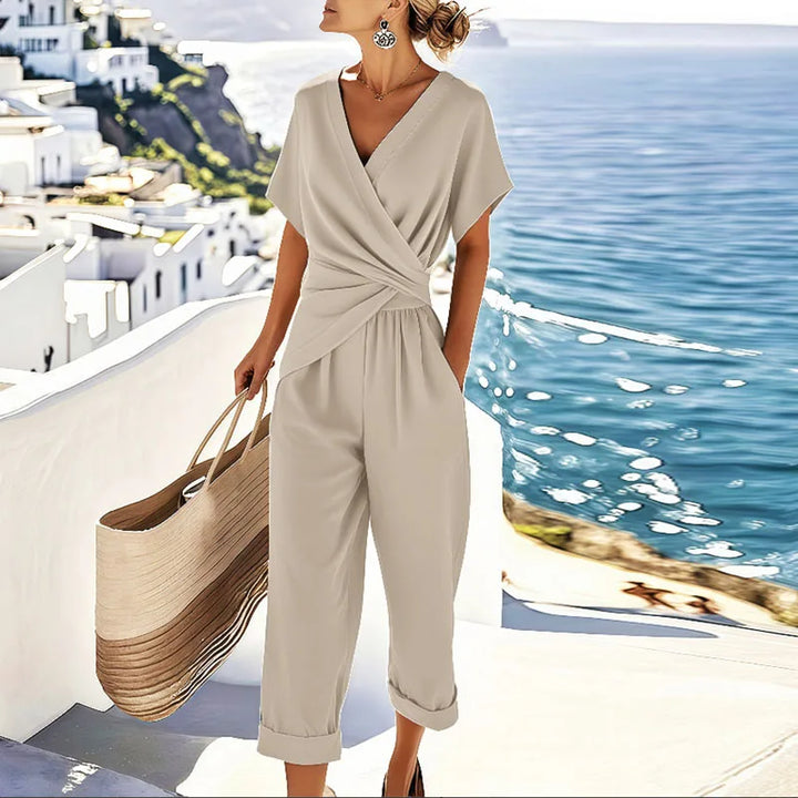 Colleen™ Ensemble Élégant en Deux Pièces | Haut à Devant Enveloppé et Pantalons Coupés