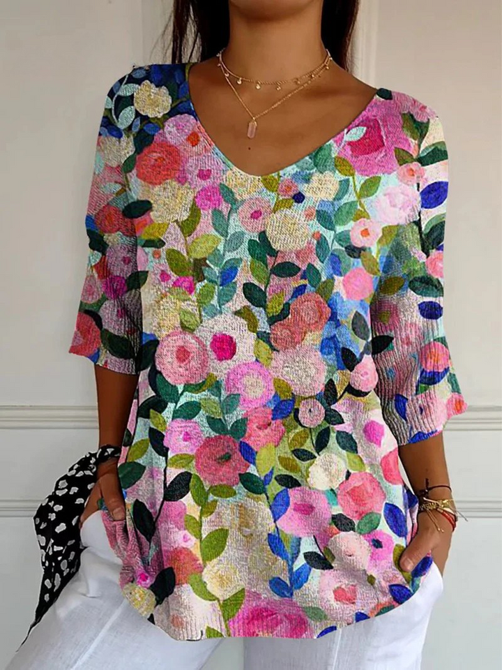 Pull en Tricot à Motif Floral Coloré pour Femmes