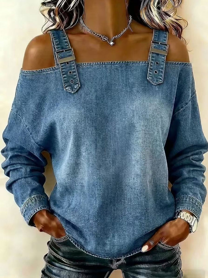 Sandra | Haut en denim à manches longues dénudées